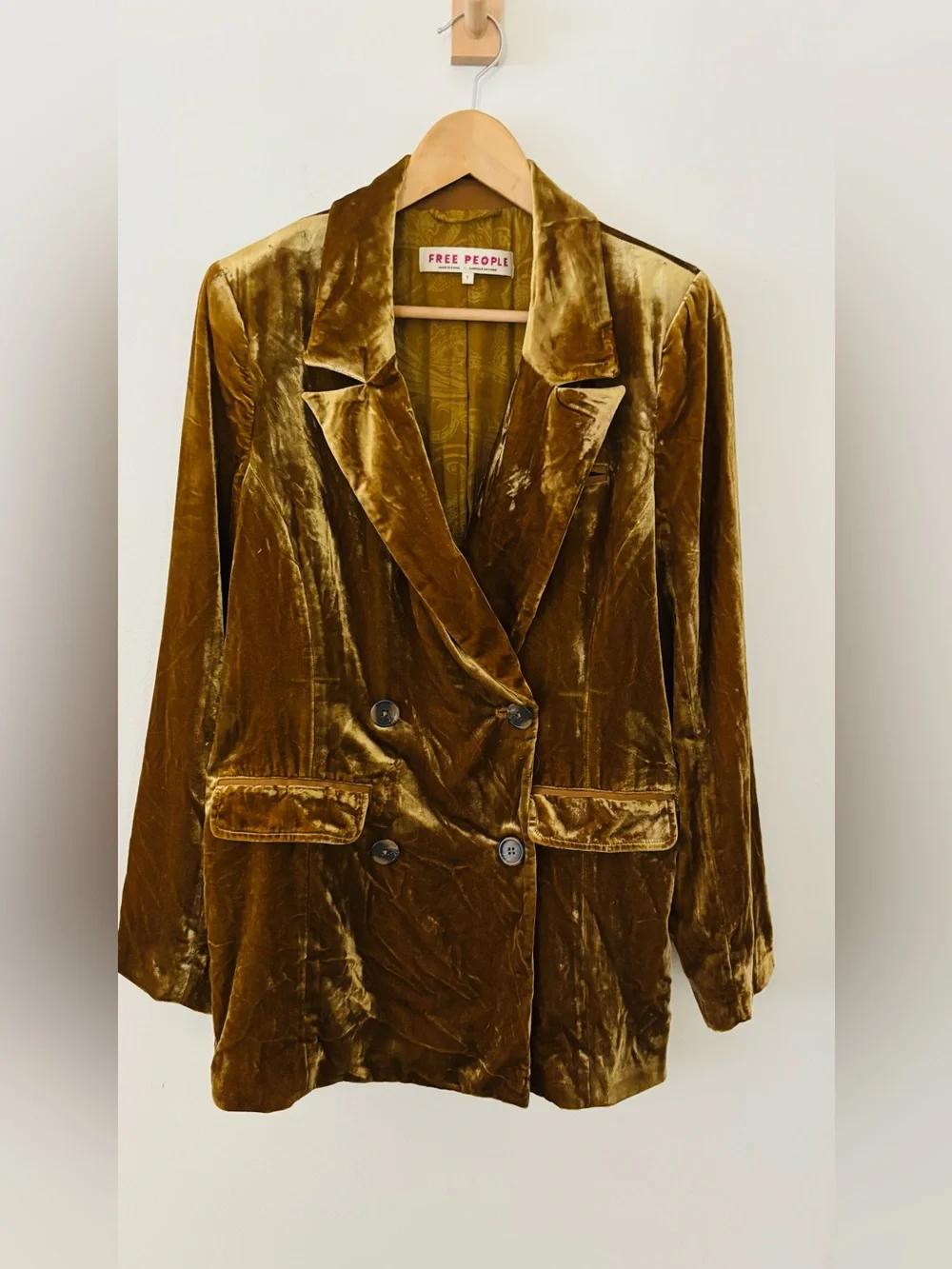 Free People Sharpie Double Breasted Velvet Blazer Gold Size S
